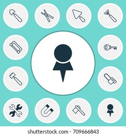 Tools Icons Set. Collection Of Scoop, Carpentry, Spanner And Other Elements. Also Includes Symbols Such As Chainsaw, Wrench, Destination.