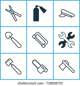 Tools Icons Set. Collection Of Scoop, Firefighter, Cop Cap And Other Elements. Also Includes Symbols Such As Pruning, Pincers, Saw.