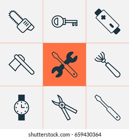 Tools Icons Set. Collection Of Screwdriver With Wrench, Alkaline, Password And Other Elements. Also Includes Symbols Such As Battery, Screwdriver, Chainsaw.