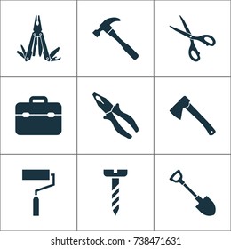 Tools Icons Set. Collection Of Shears, Paint, Toolkit And Other Elements. Also Includes Symbols Such As Equipment, Pocket, Clamp.