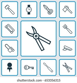 Tools Icons Set. Collection Of Spatula, Garden Fork, Timer And Other Elements. Also Includes Symbols Such As Saw-Blade, Clippers, Pincers.