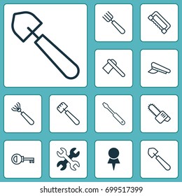 Tools Icons Set. Collection Of Spatula, Cop Cap, Spanner And Other Elements. Also Includes Symbols Such As Chainsaw, Garden, Scoop.