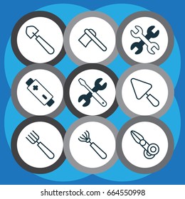 Tools Icons Set. Collection Of Tomahawk, Putty, Scoop And Other Elements. Also Includes Symbols Such As Scapula, Rake, Trowel.