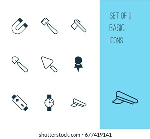 Tools Icons Set. Collection Of Tomahawk, Scoop, Cop Cap And Other Elements. Also Includes Symbols Such As Pin, Accumulator.