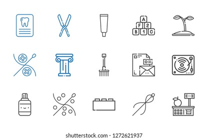 tools icons set. Collection of tools with tools and utensils, sewing, bricks, correction fluid, music, stationary, rake, architecture, seed. Editable and scalable tools icons.