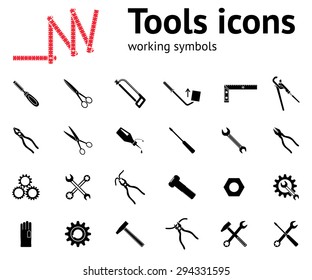 Tools icons set. Glue, pliers, tongs, wrench key, cogwheel, hammer, rubber gloves, screw bolt, nut, scissors, chisel, saw, pinchbar, angle, bar icons set. Repair fix tool symbols. Flat design. Vector