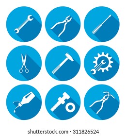 Tools icons set. Glue, pliers, tongs, wrench key, cogwheel, hammer, screw bolt, nut, scissors icons set. Repair fix tool symbols. Round blue colored circle flat icons with long shadow. Vector