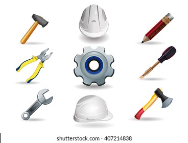 Tools icons set. Hammer, helmet, pencil, pliers, gear, screwdriver, wrench, an ax. Set realistic vector icons isolated on white background