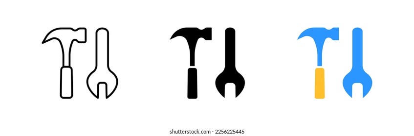 Tools icons set. Hammer, repair, wrench, boards, house, builder, build, lay, parquet, forest, sharp, carpenter, lumberjack, products. working tools concept. Vector line icon in different styles