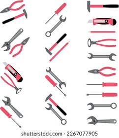 Iconos de herramientas establecen la ilustración de martillo y llave, destornillador y vectorial