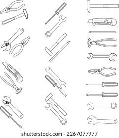 Iconos de herramientas configuran la ilustración de los vectores de martillo y llave, destornillador y contorno de spanner
