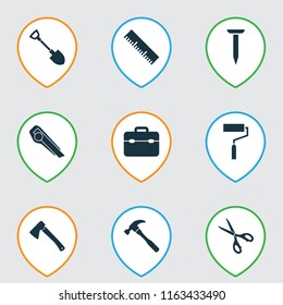 Tools icons set with hatchet, nail, hammer and other cutter elements. Isolated vector illustration tools icons.