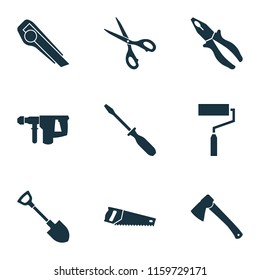 Tools icons set with hatchet, saw, pliers and other shears elements. Isolated vector illustration tools icons.