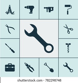 Tools icons set with multifunctional pocket, digging, round pliers and other paint elements. Isolated vector illustration tools icons.