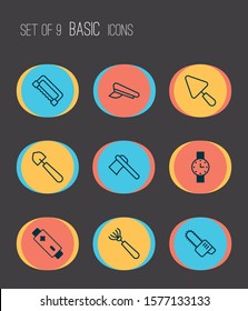 Tools icons set with pilot hat, rake, ax and other timer elements. Isolated vector illustration tools icons.