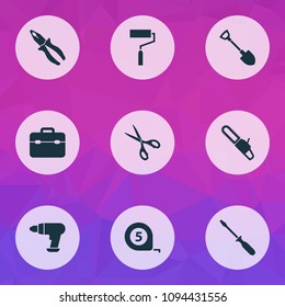 Tools icons set with roller brush, chainsaw, screwdriver and other turn-screw elements. Isolated vector illustration tools icons.