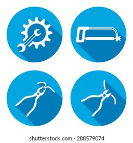 Tools icons set. Saw, pliers, tongs, cogwheel, wrench key, nippers icons set. Repair fix tool symbols. Round blue colored circle flat icons with long shadow. Vector