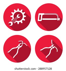Tools icons set. Saw, pliers, tongs, cogwheel, wrench key, nippers icons set. Repair fix tool symbols. Round red colored circle flat icons with long shadow. Vector
