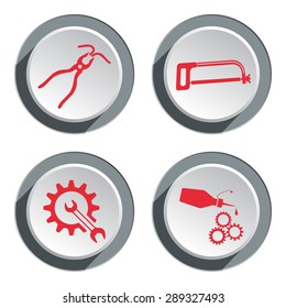 Tools icons set. Saw, pliers, tongs, cogwheel, wrench key, glue with drop icons set. Repair fix tool symbol. Round 3d gray button with shadow. Vector
