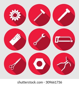 Tools icons set. Saw, pliers, tongs, wrench key, cogwheel, hammer, rubber gloves, screw bolt, nut, scissors icons set. Repair tool symbols. Round red colored circle flat icons with long shadow. Vector