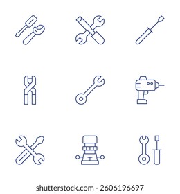 Tools icons set. Thin Line style, editable stroke. screwdriver, router, tools, tool, wrench, drill.