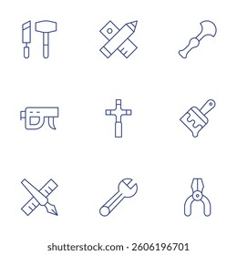 Tools icons set. Thin Line style, editable stroke. pliers, nail gun, tools, construction and tools, edit tool, brush, leather tools, wrench.