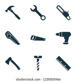 Tools icons set with utility knife, wrench, drill and other spanner elements. Isolated vector illustration tools icons.