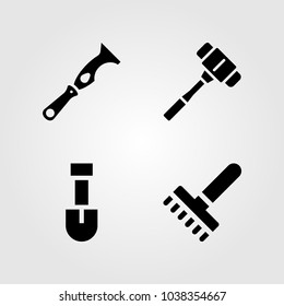 Tools icons set. Vector illustration shovel, scraper, rake and mallet