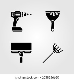 Tools icons set. Vector illustration drill, rake and scraper