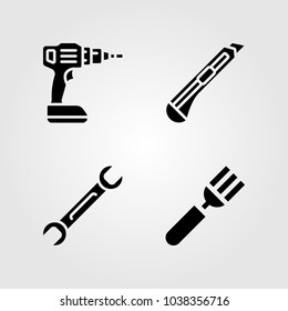 Tools icons set. Vector illustration spanner, cutlery, fork and drill