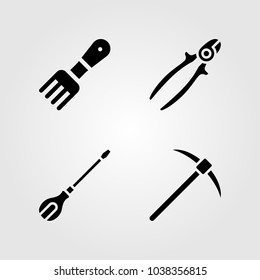Tools icons set. Vector illustration screwdriver, pick axe, wire cutter and rake