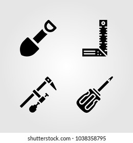 Tools icons set. Vector illustration clamp, ruler, screwdriver and shovel
