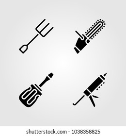 Tools icons set. Vector illustration sealant gun, fork, chainsaw and screwdriver
