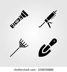 Tools icons set. Vector illustration sealant gun, torch, rake and shovel