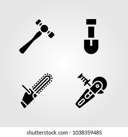 Tools icons set. Vector illustration hammer, shovel, chainsaw and power saw