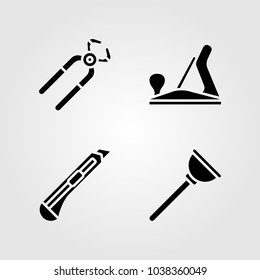 Tools icons set. Vector illustration pliers, wood plane, cutter and plunger