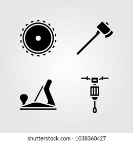 Tools icons set. Vector illustration saw blade, axe, wood plane and jackhammer