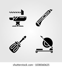 Tools icons set. Vector illustration cutter, chop saw, anvil and screwdriver