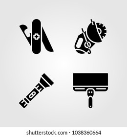 Tools icons set. Vector illustration multitool, torch, scraper and power saw