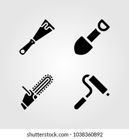 Tools icons set. Vector illustration shovel, chainsaw, paint roller and scraper