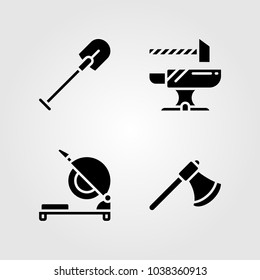 Tools icons set. Vector illustration shovel, axe, anvil and chop saw