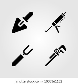 Tools icons set. Vector illustration sealant gun, fork, trowel and pipe wrench