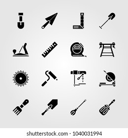 Tools icons set. Vector illustration drill, saw blade, tape and ruler