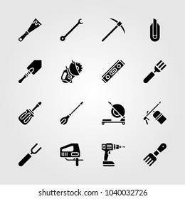 Tools icons set. Vector illustration power saw, cutlery, jigsaw and rake