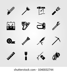 Tools icons set. Vector illustration welder, tool box, ruler and torch
