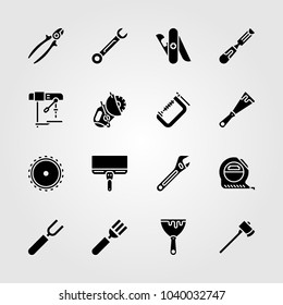 Tools icons set. Vector illustration clamp, measure, saw blade and drill