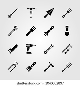 Tools icons set. Vector illustration spanner, shovel, trowel and clamp