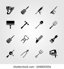Tools icons set. Vector illustration hammer, hammer drill, jigsaw and chainsaw