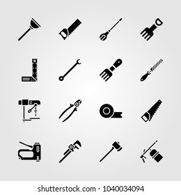 Tools icons set. Vector illustration wire cutter, spanner, plunger and fork