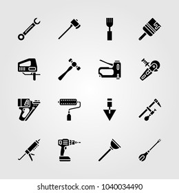 Tools icons set. Vector illustration screwdriver, plunger, fork and sealant gun